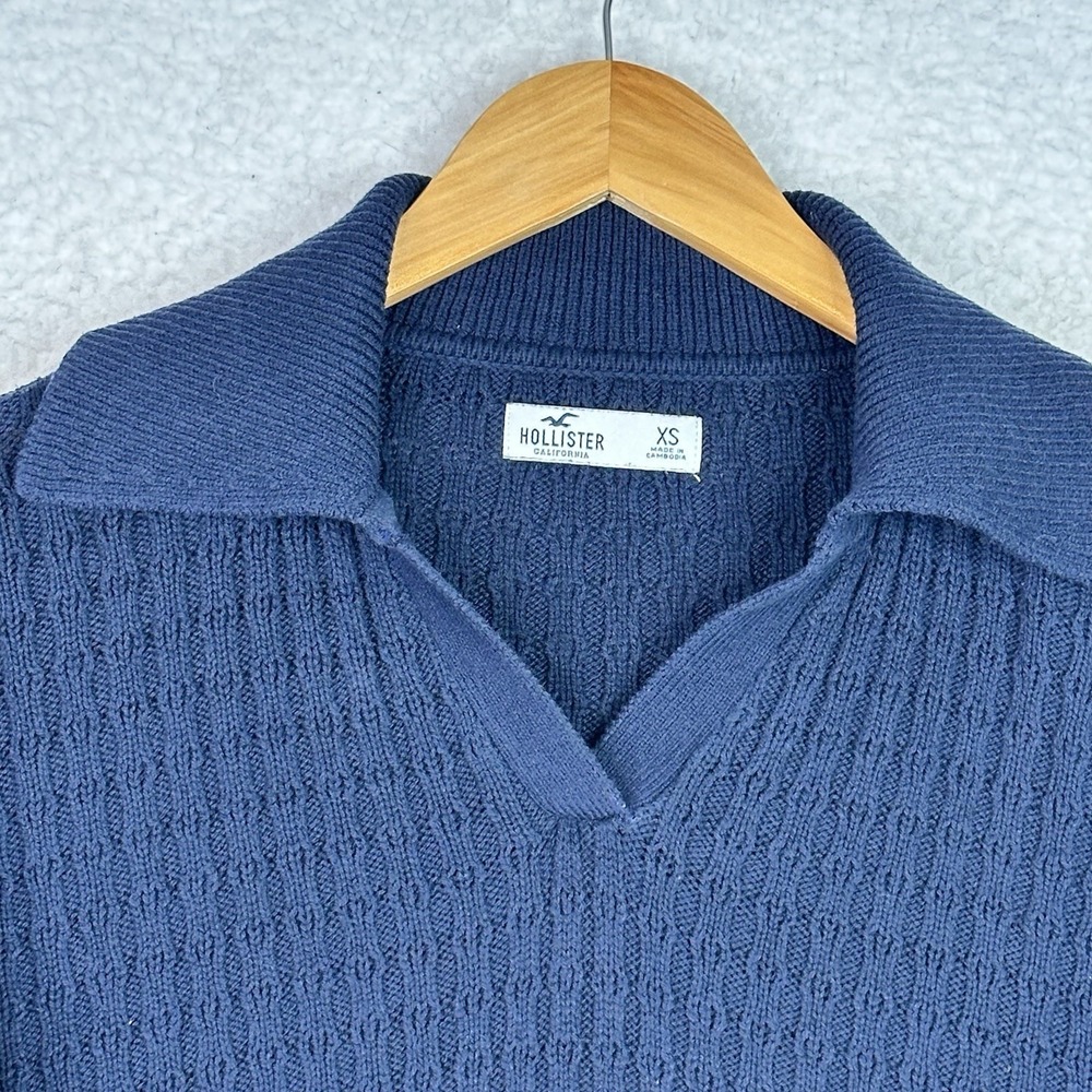 Hollister Y2K Easy Stitchy Polo Sweater Blue Cable Knit Cropped Oversized‎ - Picture 3 of 9